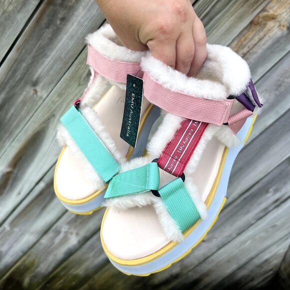 Emu Australia Raven Platform Furry Sandals Women's 6 Pink Teal Purple - Picture 4 of 8